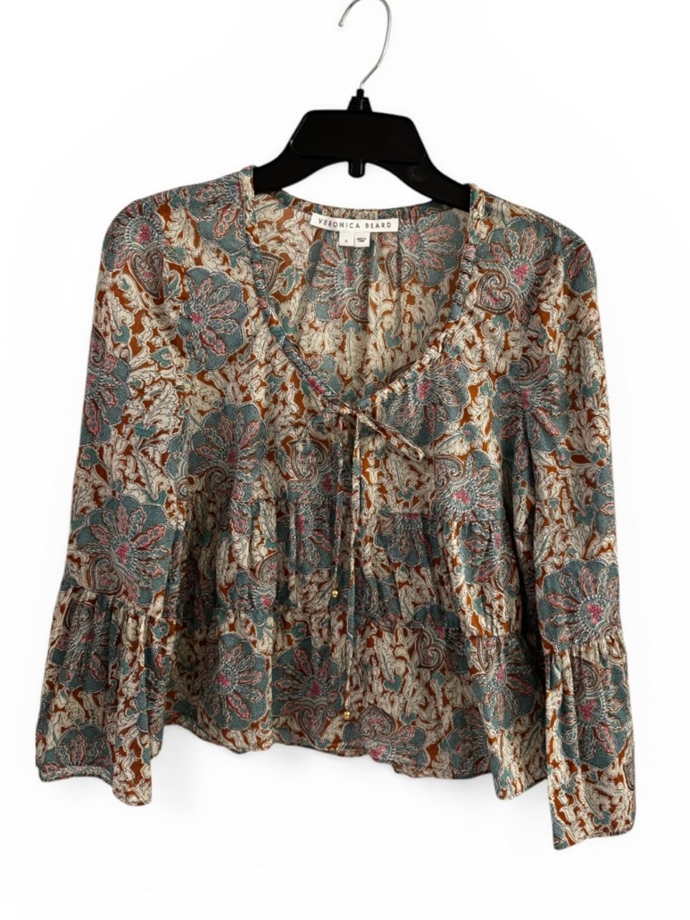Veronica Beard Teal Floral Paisley Tie-Neck Blouse, size 6